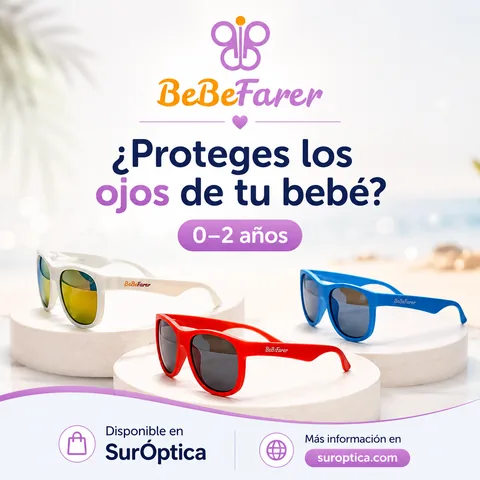 Creatividad publicitaria BeBeFarer con modelos en blanco, rojo y azul y el mensaje Disponible en SurÓptica