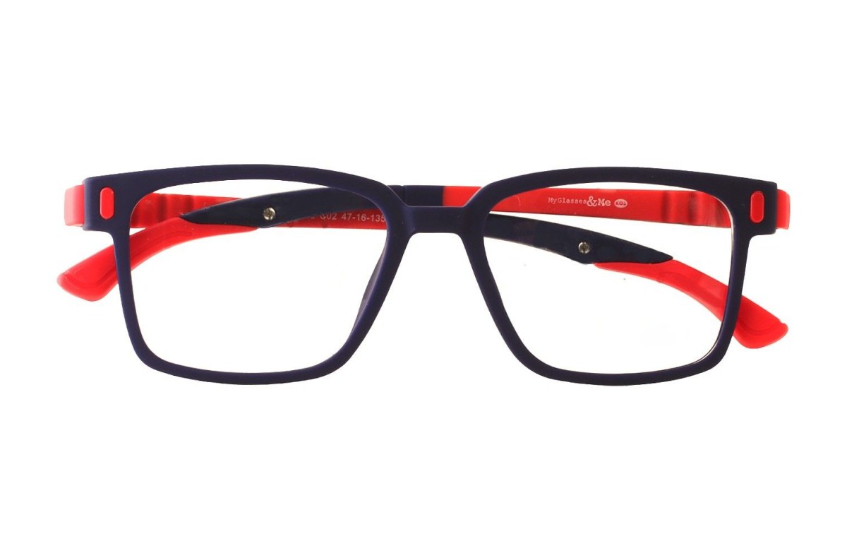Montura infantil de pasta azul marino y rojo, vista de frente