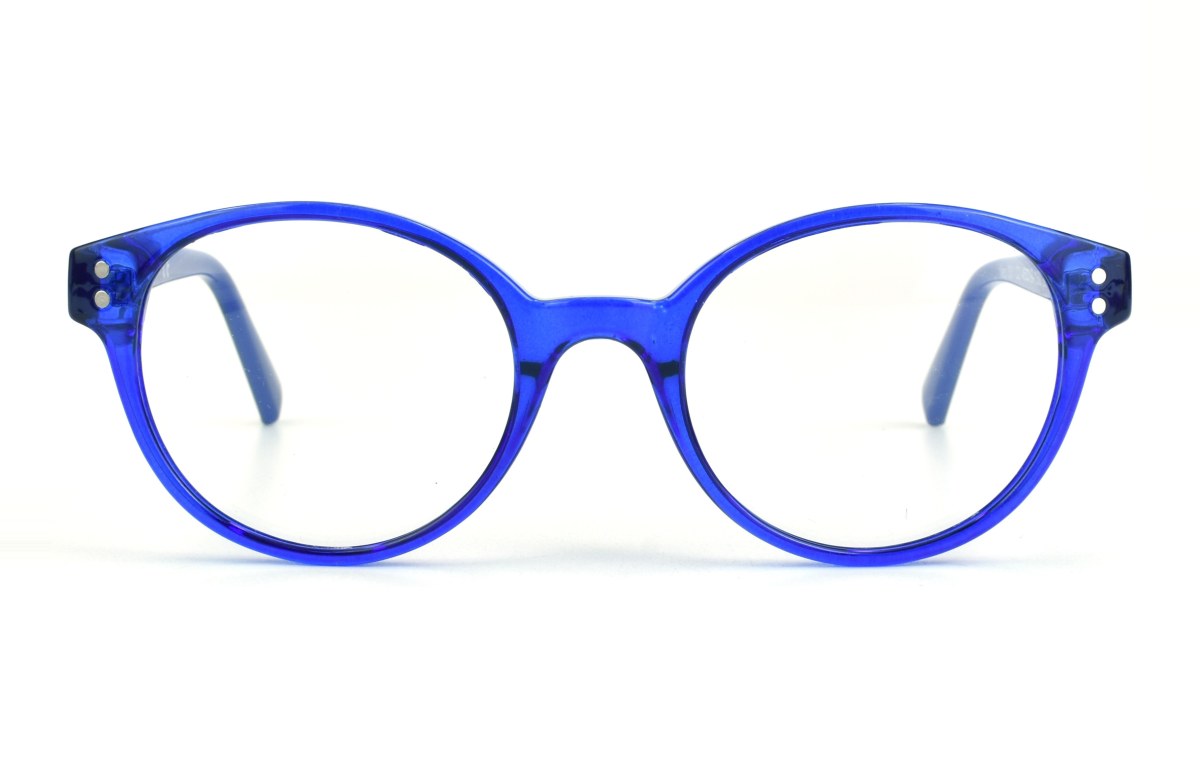 Montura infantil redonda de pasta azul transparente, vista de frente